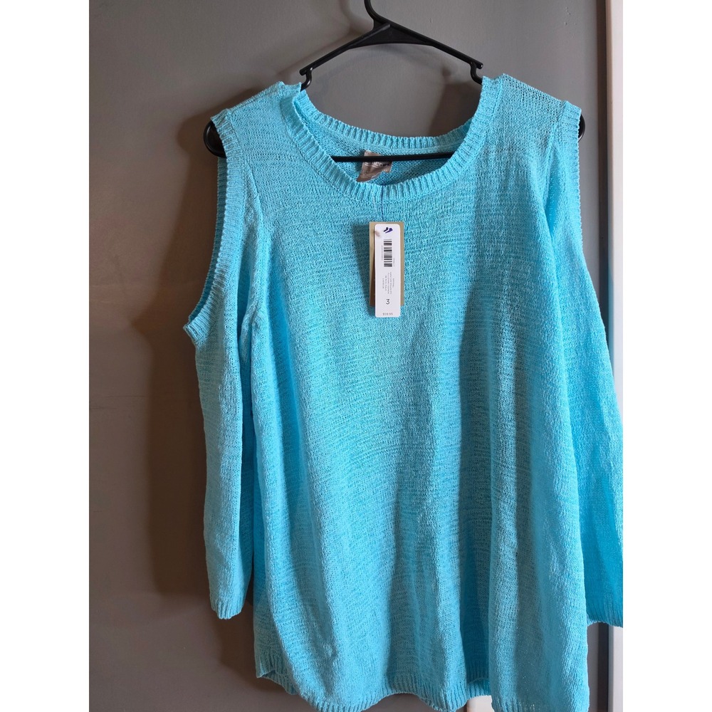 Chicos Cold Shoulder Pullover Sweater Infinite Aqua Blue Knit Top Size 3 XL